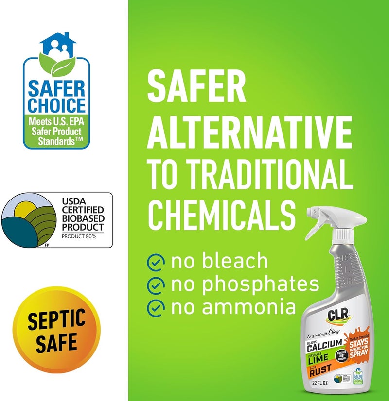 CLR Brands Calcium, Lime & Rust Remover with Cling, 22 oz. Spray Bottle, Adheres to Hard-to-Reach Surfaces, Blasts Calcium, Dissolves Lime Deposits, Zaps Stubborn Rust Stains and Hard Water Deposits - Image 2